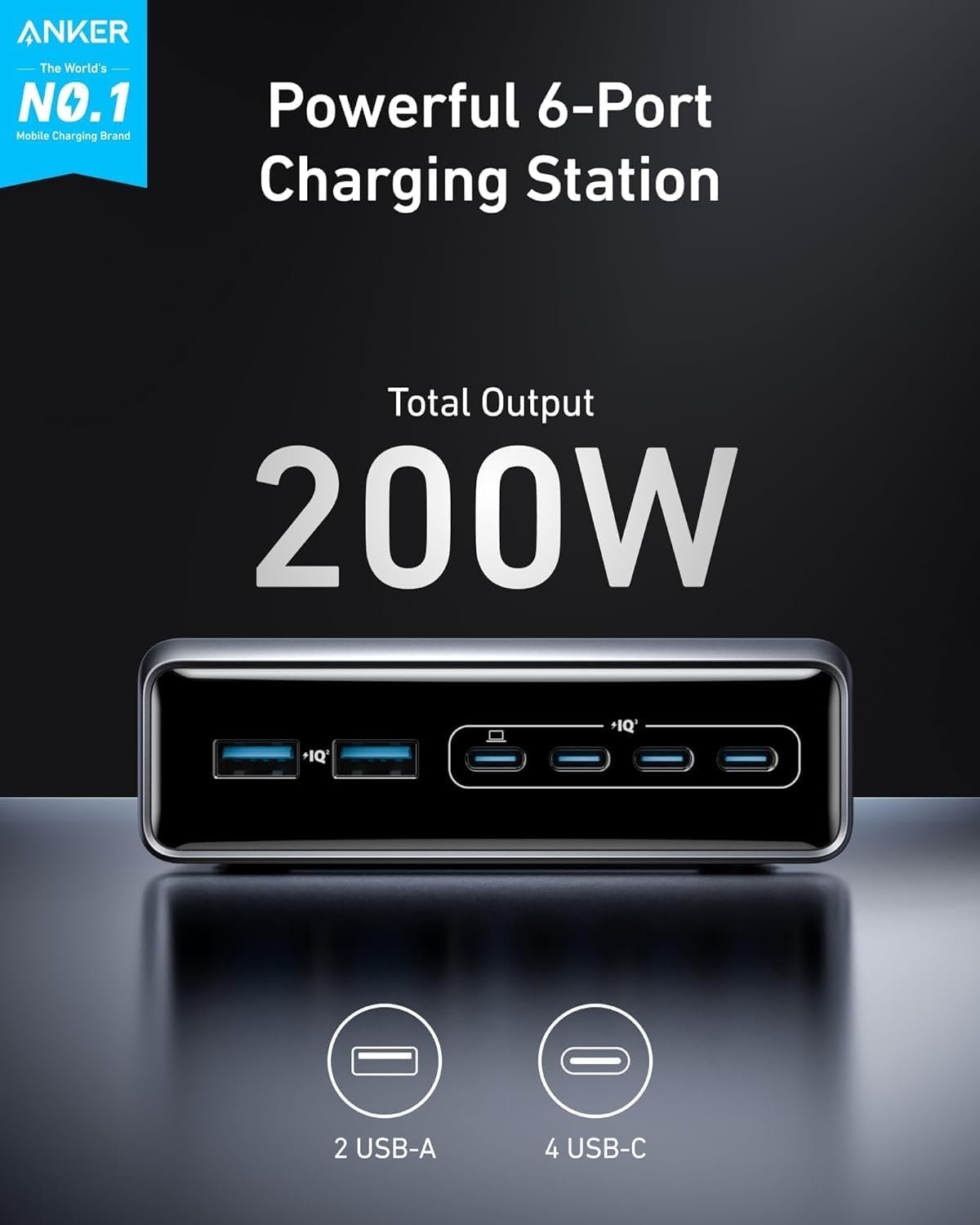 Anker Prime-lader, 200W 6-port GaN-laderstation, Hurtigopladning USB C