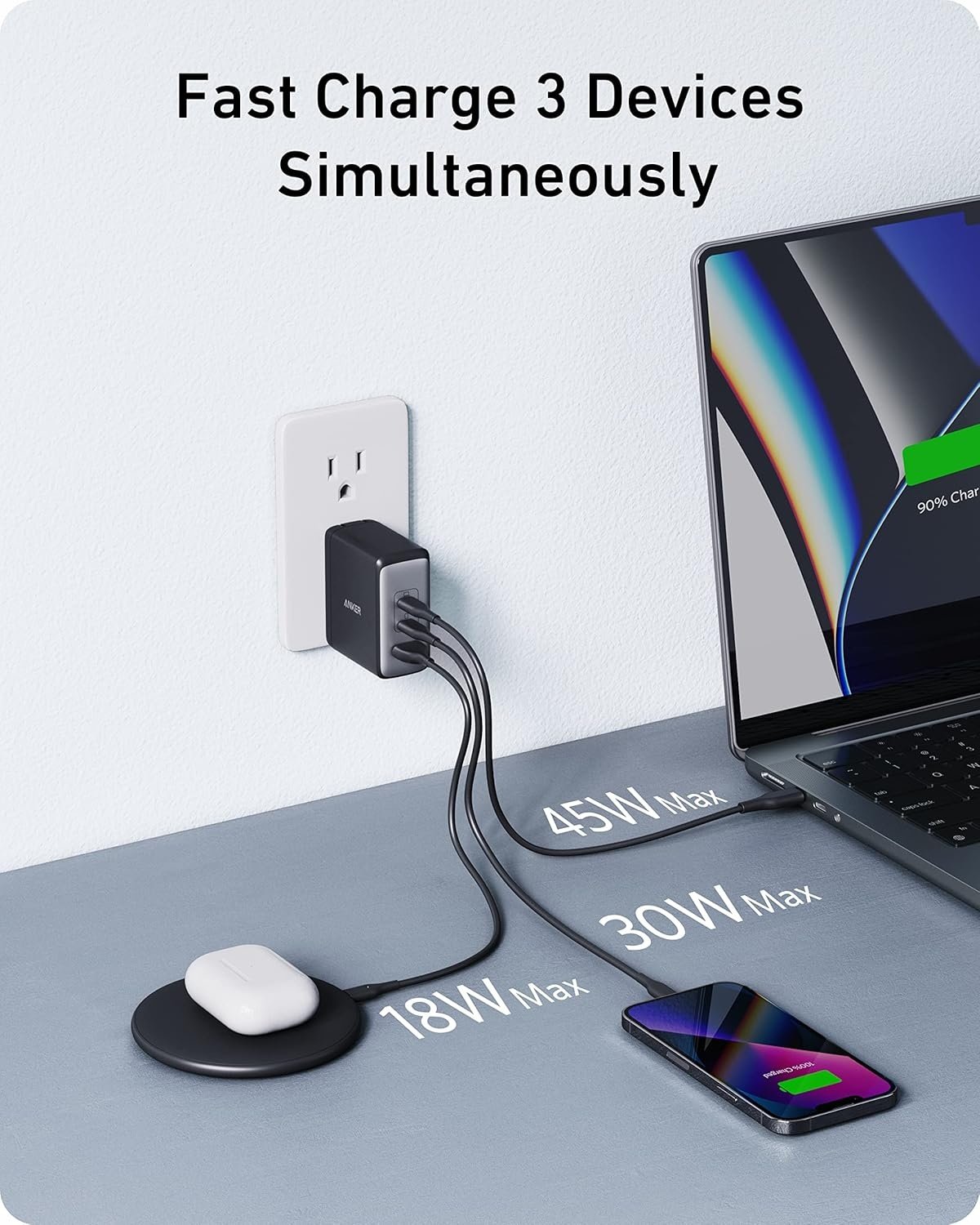 Anker USB-C100W NANO II Hurtigoplader, 3-Port USB-C Strømadapter Anker 736