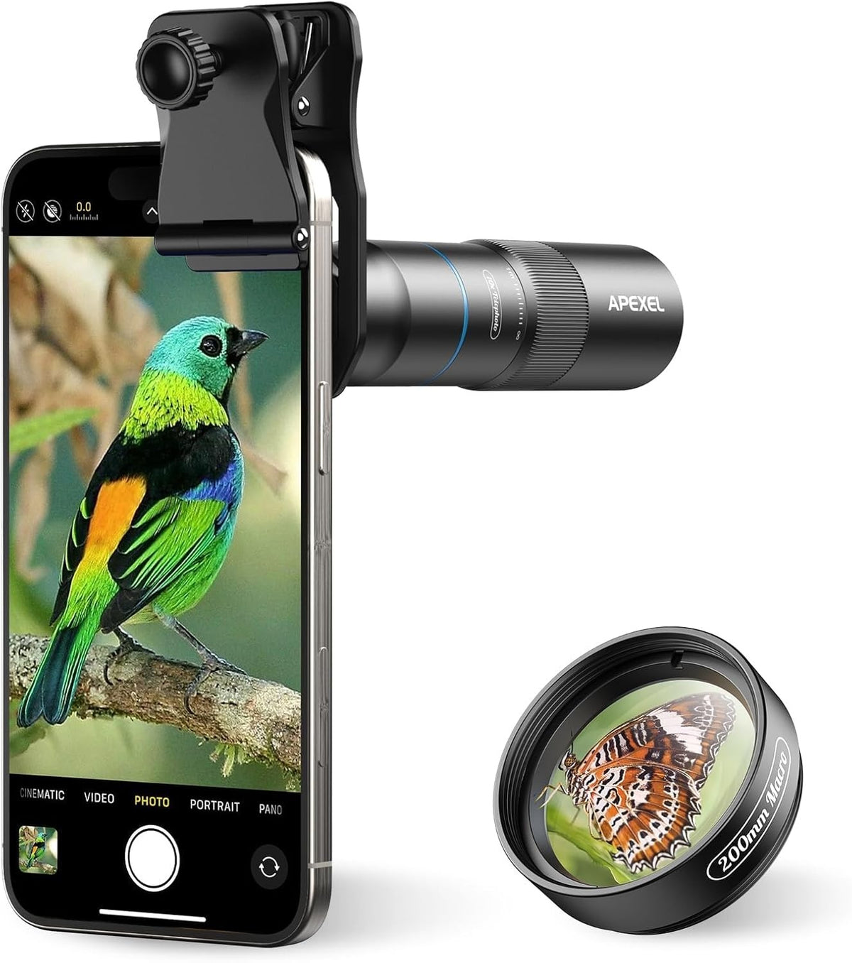 APEXEL 10X Tele-Macro Pro Dual Lens 2-i-1, bærbart telefoto- og makroobjektiv med clip-on-fæste til smartphones