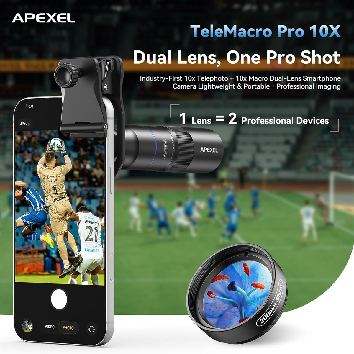 APEXEL 10X Tele-Macro Pro Dual Lens 2-i-1, bærbart telefoto- og makroobjektiv med clip-on-fæste til smartphones