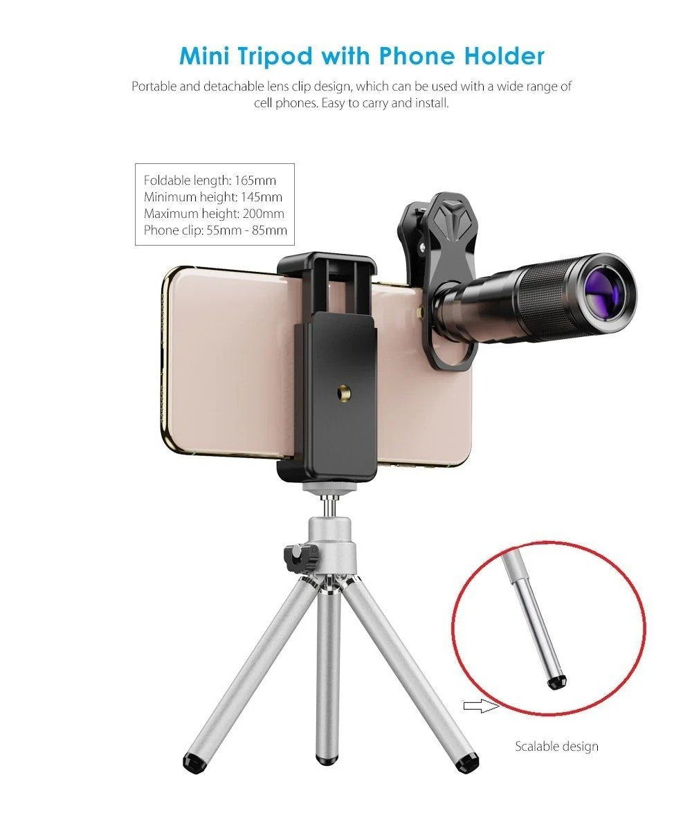 APEXEL 6-i-1 Telefonlinsekit – 22X teleobjektiv, 205° fisheye-linse, 120° vidvinkellinse & 25X makrolinse