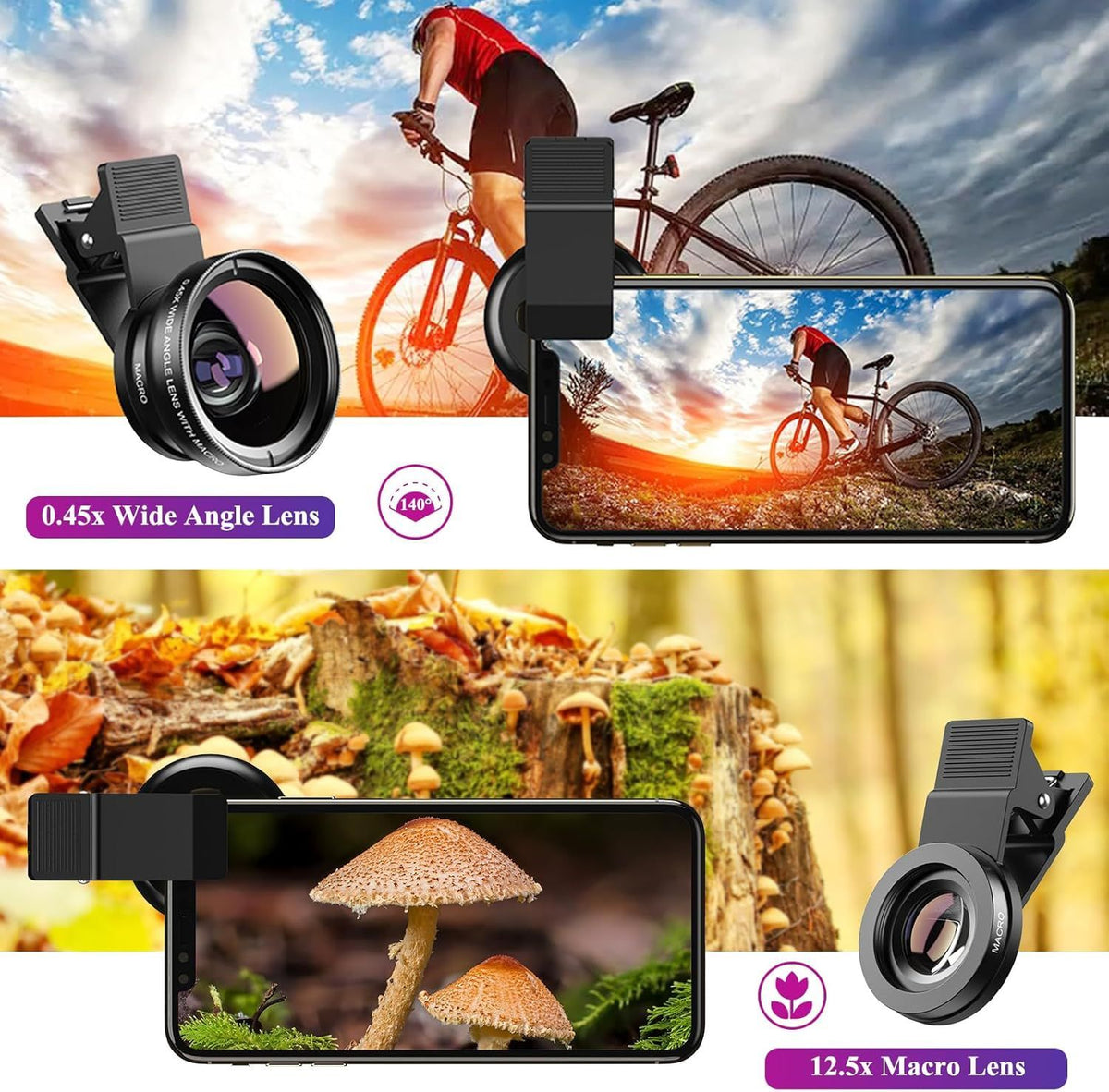 APEXEL Mobiltelefon Kameraobjektiv, 2-i-1 Objektivkit, 12.5X Makroobjektiv og 0.45X Vidvinkelobjektiv