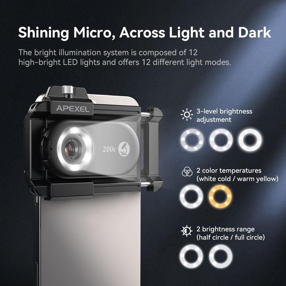 APEXEL Telefon Mikro Linse Nano Zoom til Android/iPhone med LED UV Lys/CPL/Universal Klemme APL-MS200