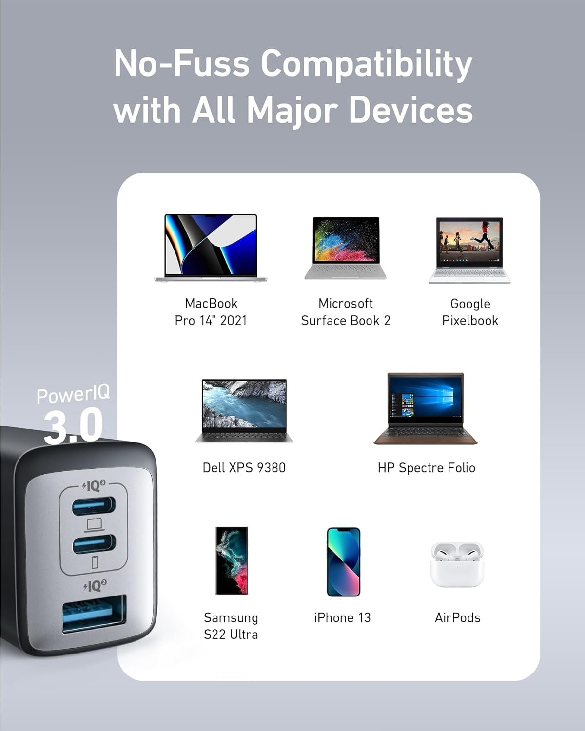Anker 735 Oplader GaNPrime 65W 1x USB-A 2x USB-C strømadapter