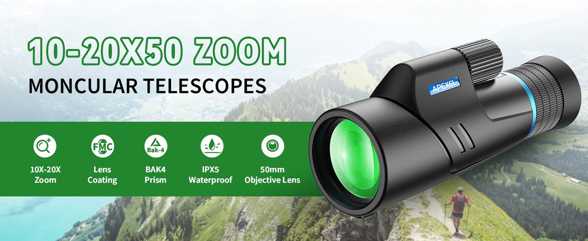 Apexel HD Monokikkert 10–20x50 HD Zoom, BAK4/FMC, vandtæt og let med svagt nattesyn til vandring, fuglekiggeri, camping og dyreobservation