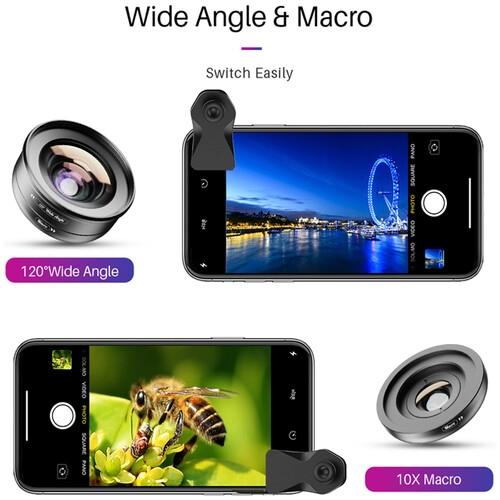 Apexel Mobiltelefon Linsekit 2-i-1 Linsekit 120° Vidvinkel 10X Makrolinse