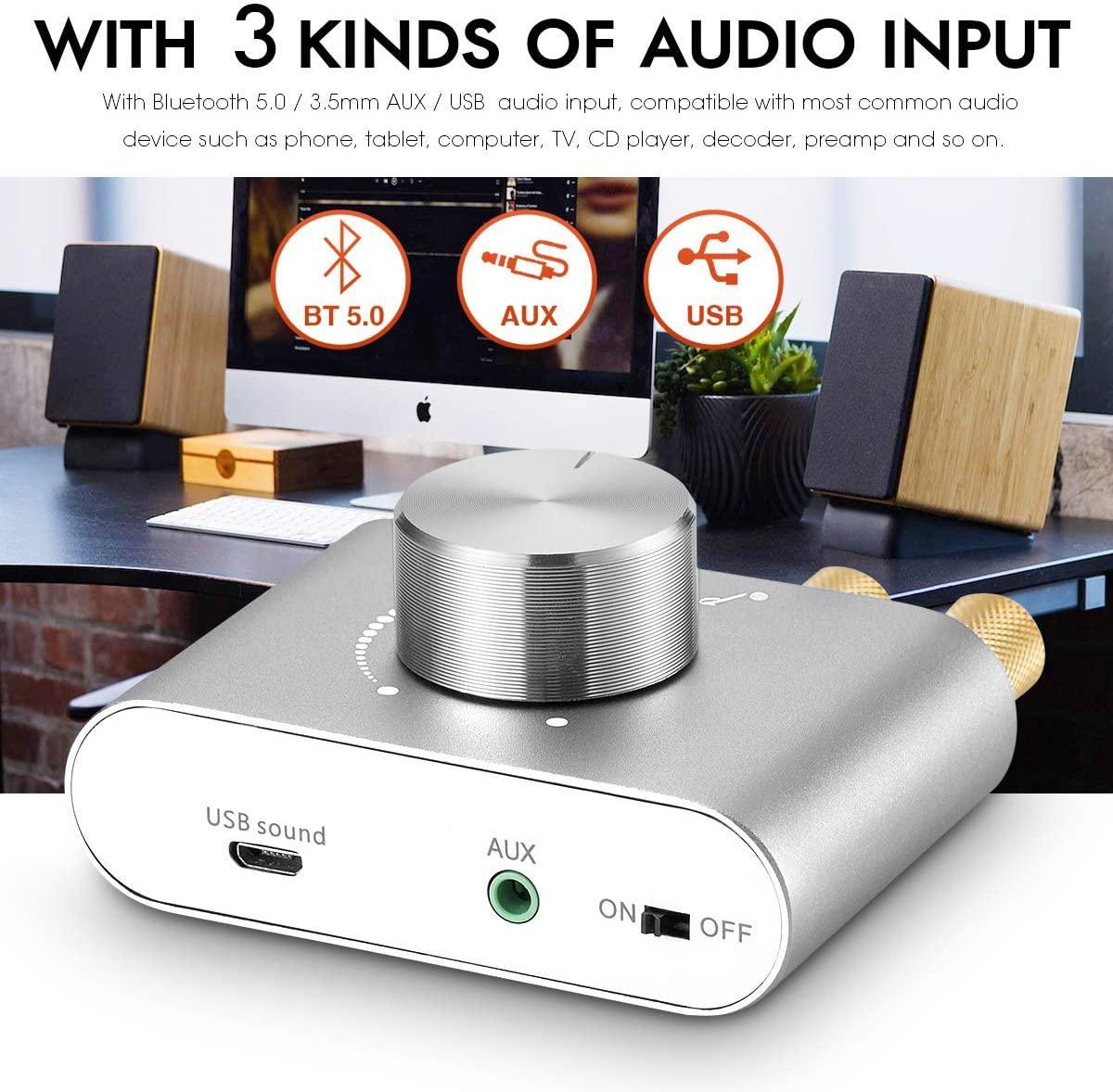 Bluetooth 5.0 stereoforstærker digital audio-forstærker 2x50W AUX / USB / BT sølv