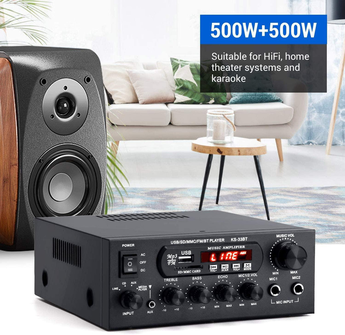 Bluetooth 5,0 stereoforstærkeren 60 + 60W RMS forstærker 2 mikrofonindgang digital audio karaoke