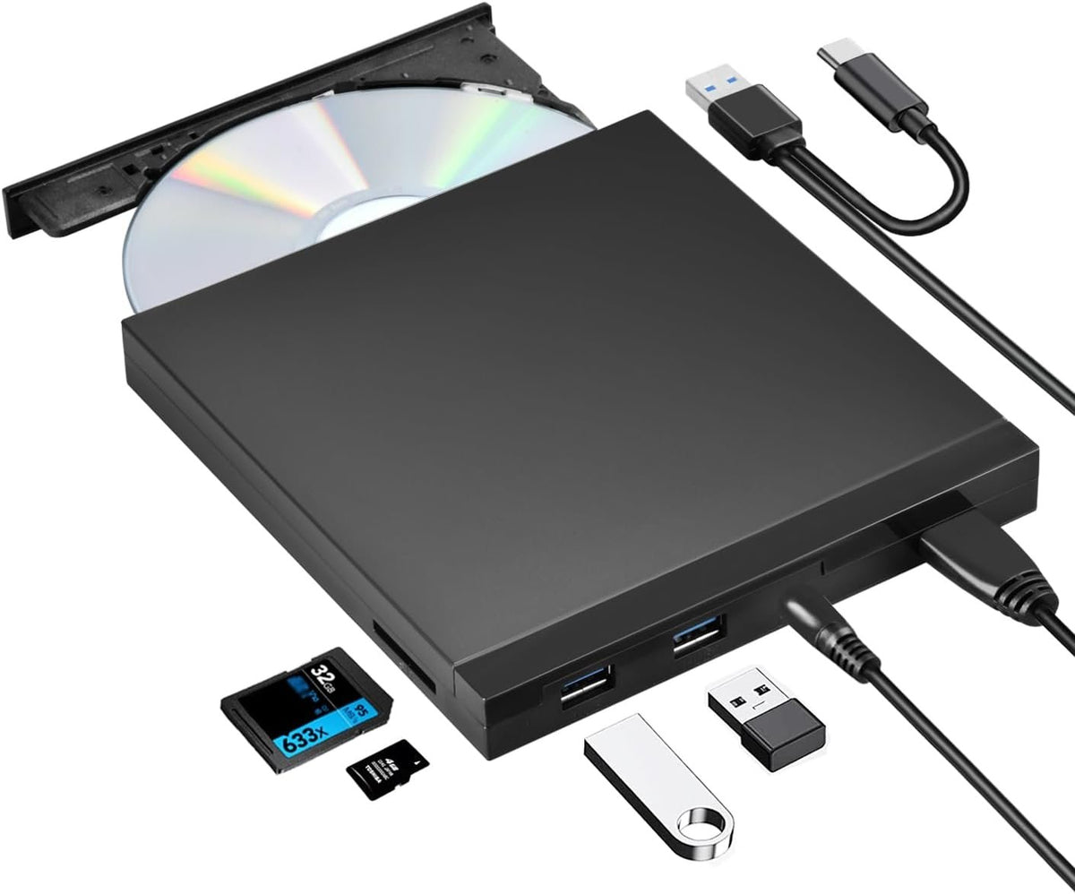 NÖRDIC Bærbar CD-brænder og afspiller og USB-hub med SD/Micro-SD-kortlæser
