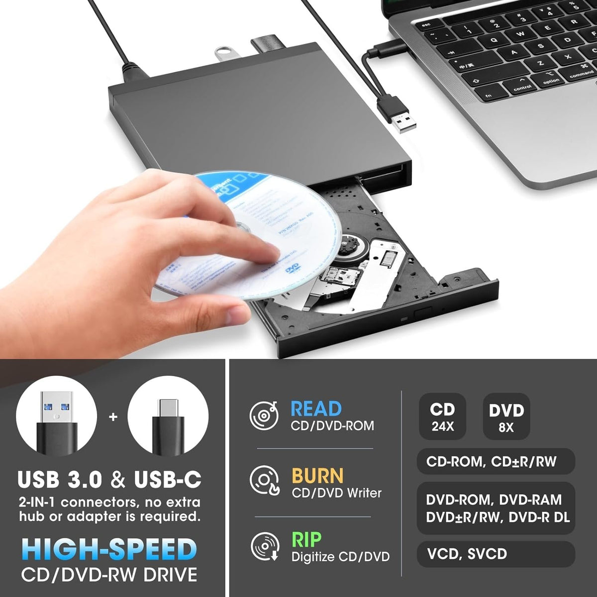 NÖRDIC Bærbar CD-brænder og afspiller og USB-hub med SD/Micro-SD-kortlæser