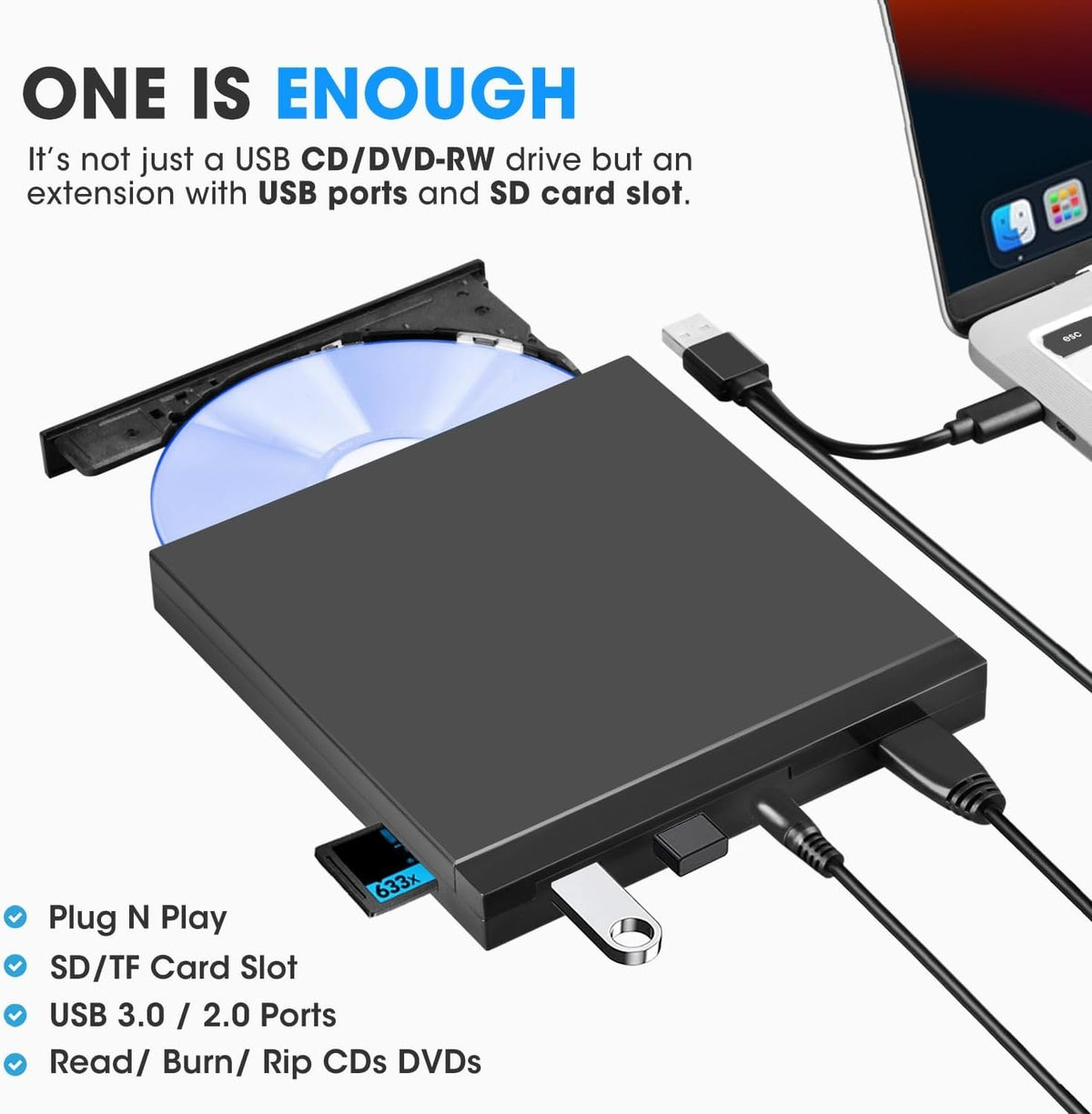 NÖRDIC Bærbar CD-brænder og afspiller og USB-hub med SD/Micro-SD-kortlæser
