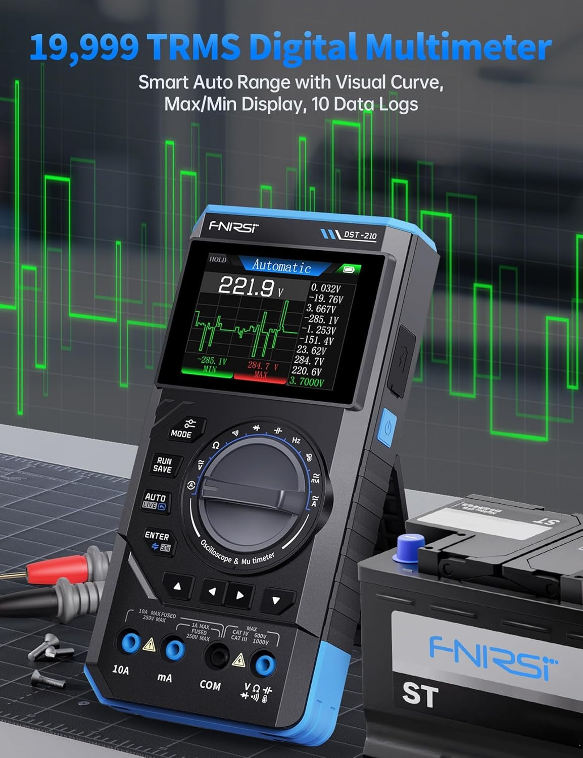 FNIRSI DST-210 Håndholdt Oscilloskop 10MHz Båndbredde, 19999 Counts, Digitalt Oscilloskop Multimeter DDS Generator 3I1, 48MS/s Sampling Rate