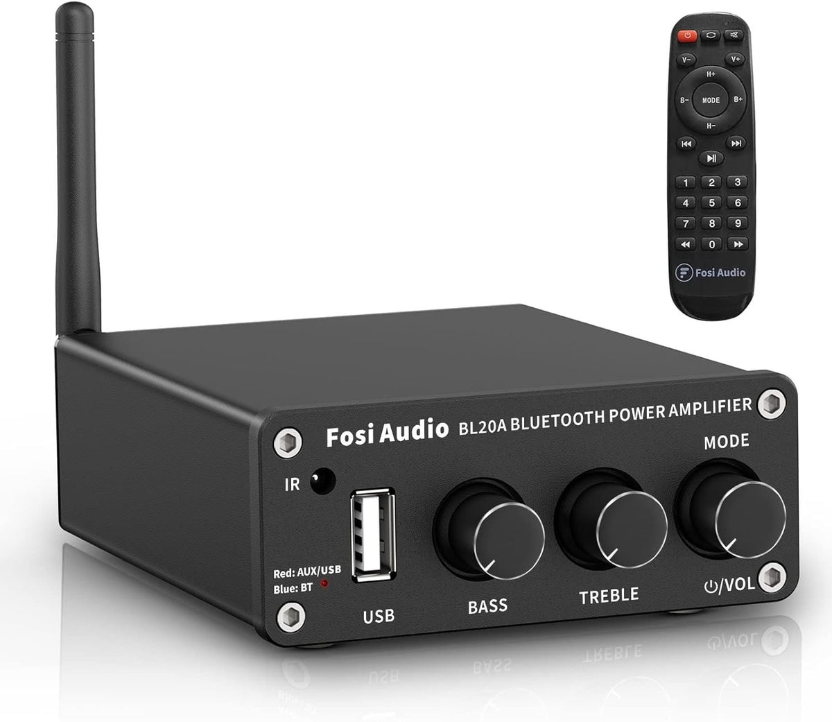 Fosi Audio BL20A 200W Bluetooth 5.0 Home Audio Stereoforstærker Hi-Fi Mini Klasse D integreret forstærker med U-Disk/3,5MM AUX/RCA-indgang og fjernbetjening