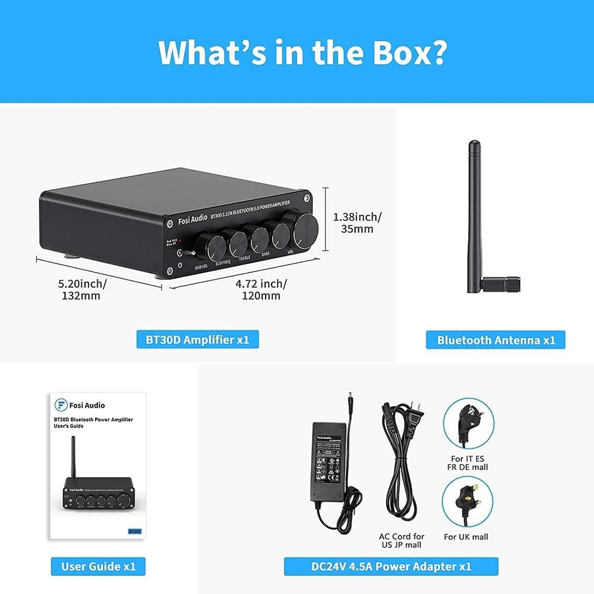 Fosi Audio BT30D Bluetooth 5.0 Stereo Audio Modtager Forstærker 2.1 Kanal Hi-Fi Klasse D Integreret Amp 2X50 Watt