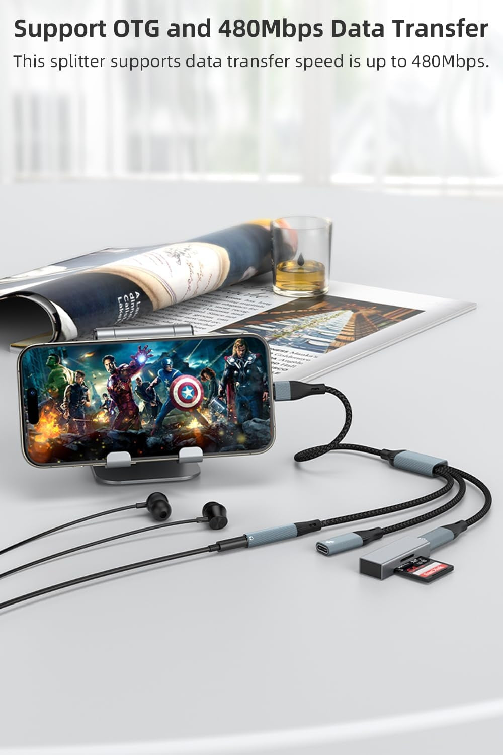 NÖRDIC USB-C-hub 1 til 3, 1xUSB-C 1xUSB-C PD60W 1x3,5mm hovedtelefonstik OTG-kabel