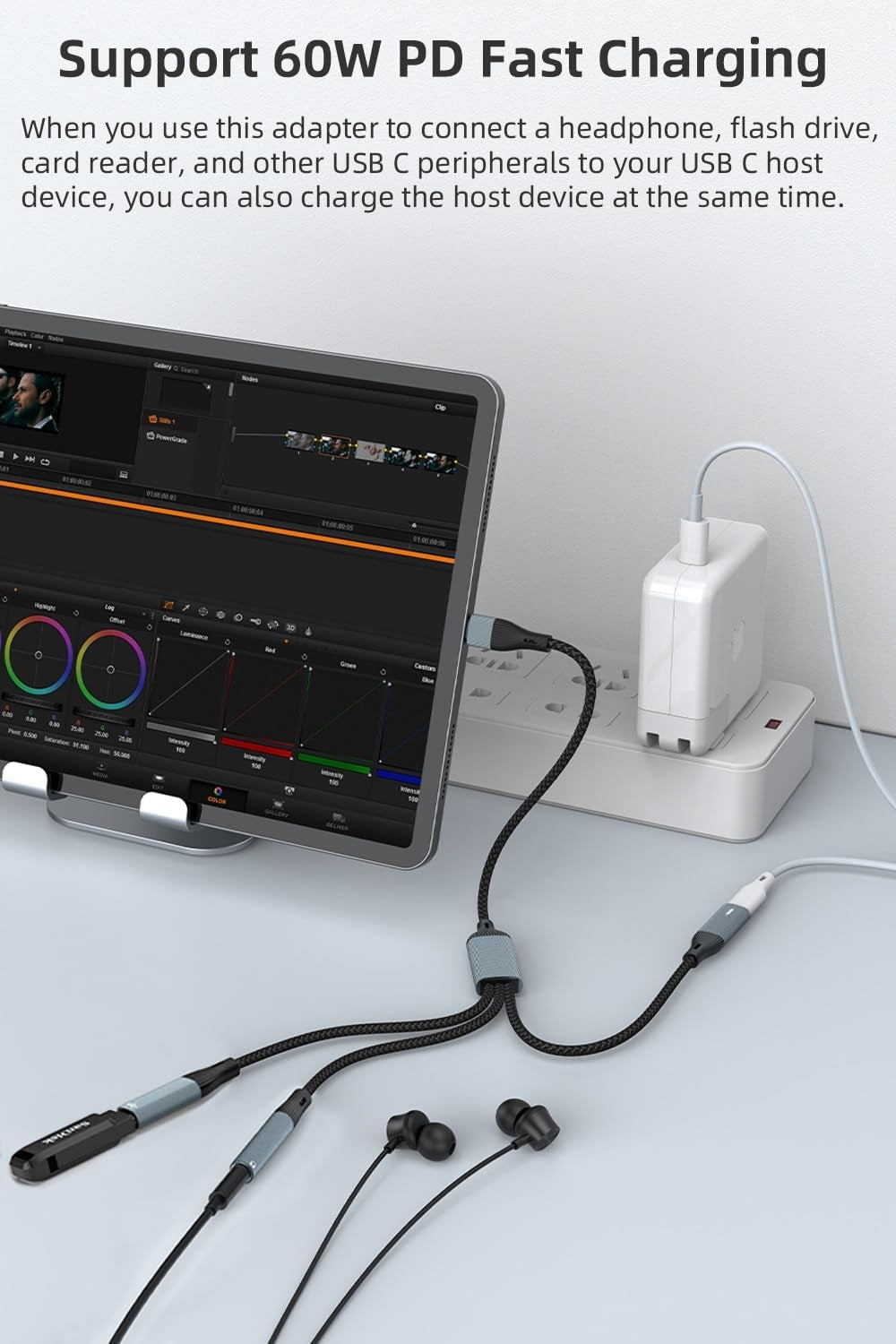 NÖRDIC USB-C-hub 1 til 3, 1xUSB-C 1xUSB-C PD60W 1x3,5mm hovedtelefonstik OTG-kabel