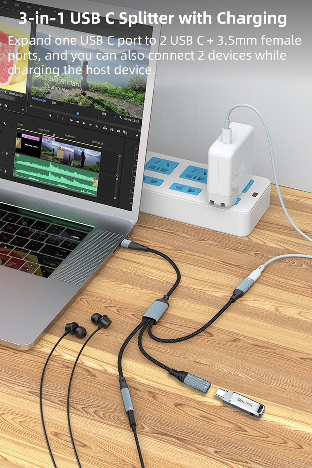 NÖRDIC USB-C-hub 1 til 3, 1xUSB-C 1xUSB-C PD60W 1x3,5mm hovedtelefonstik OTG-kabel