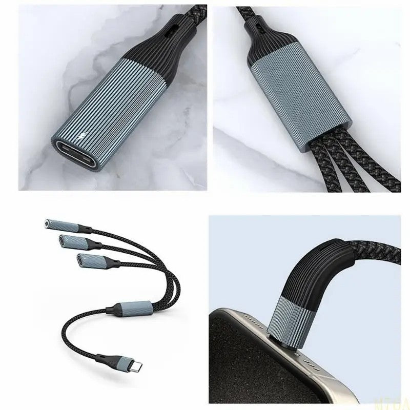 NÖRDIC USB-C-hub 1 til 3, 1xUSB-C 1xUSB-C PD60W 1x3,5mm hovedtelefonstik OTG-kabel