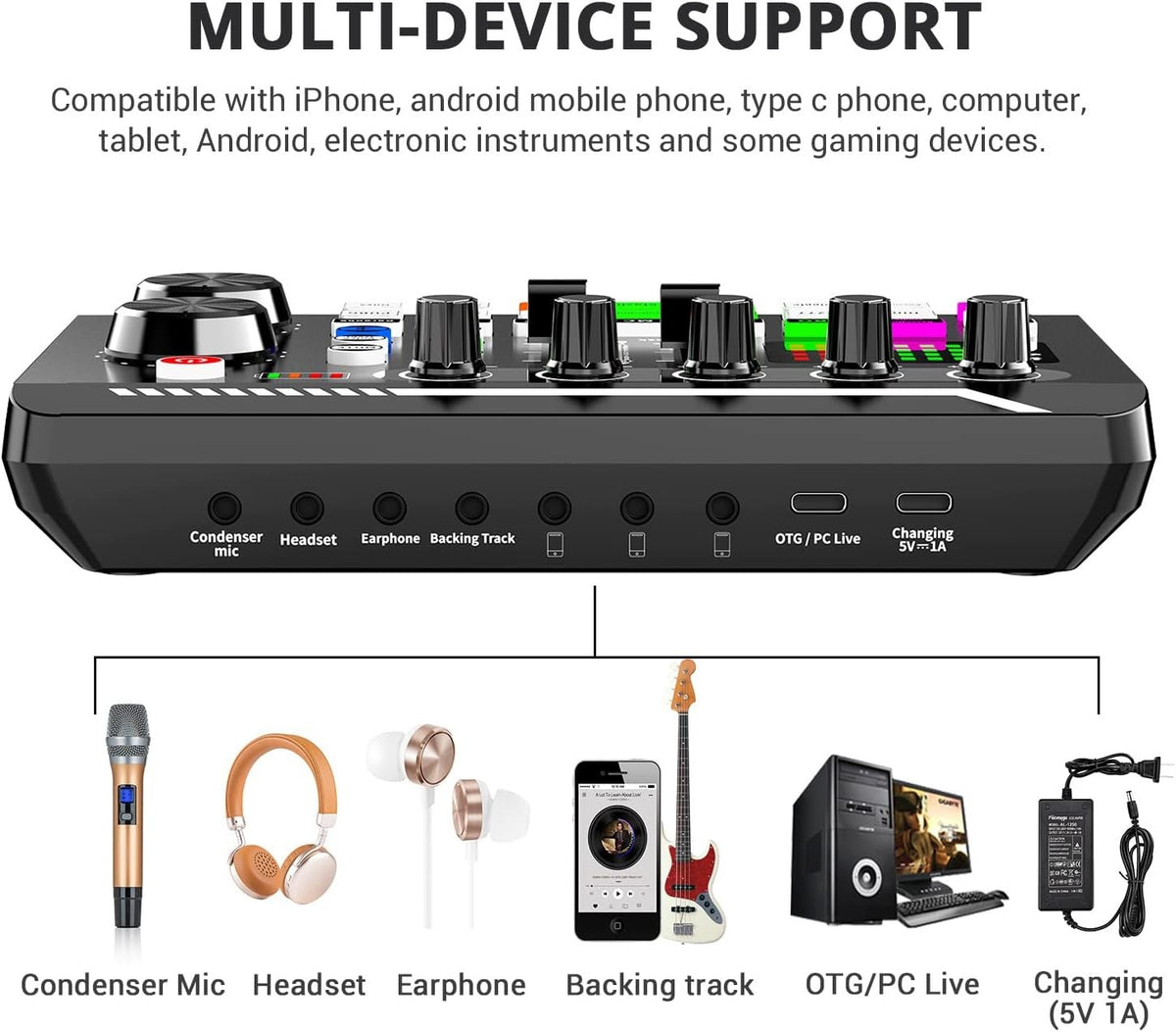 Live Sound Card lydmixer, podcast-lydinterface med DJ-mixereffekter til PS4, PS5, karaoke, TikTok, YouTube, livestreaming, optagelse og gaming