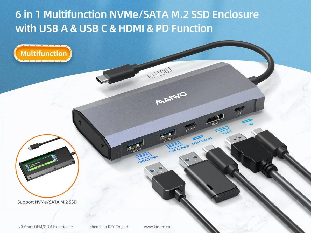 Maiwo KH1001 1 til 6 dockingstation 1xNVMe/SATA 1xHDMI 4K60Hz, 2xUSB-A 1xUSB-C 5Gbps 1xUSB-C PD100W