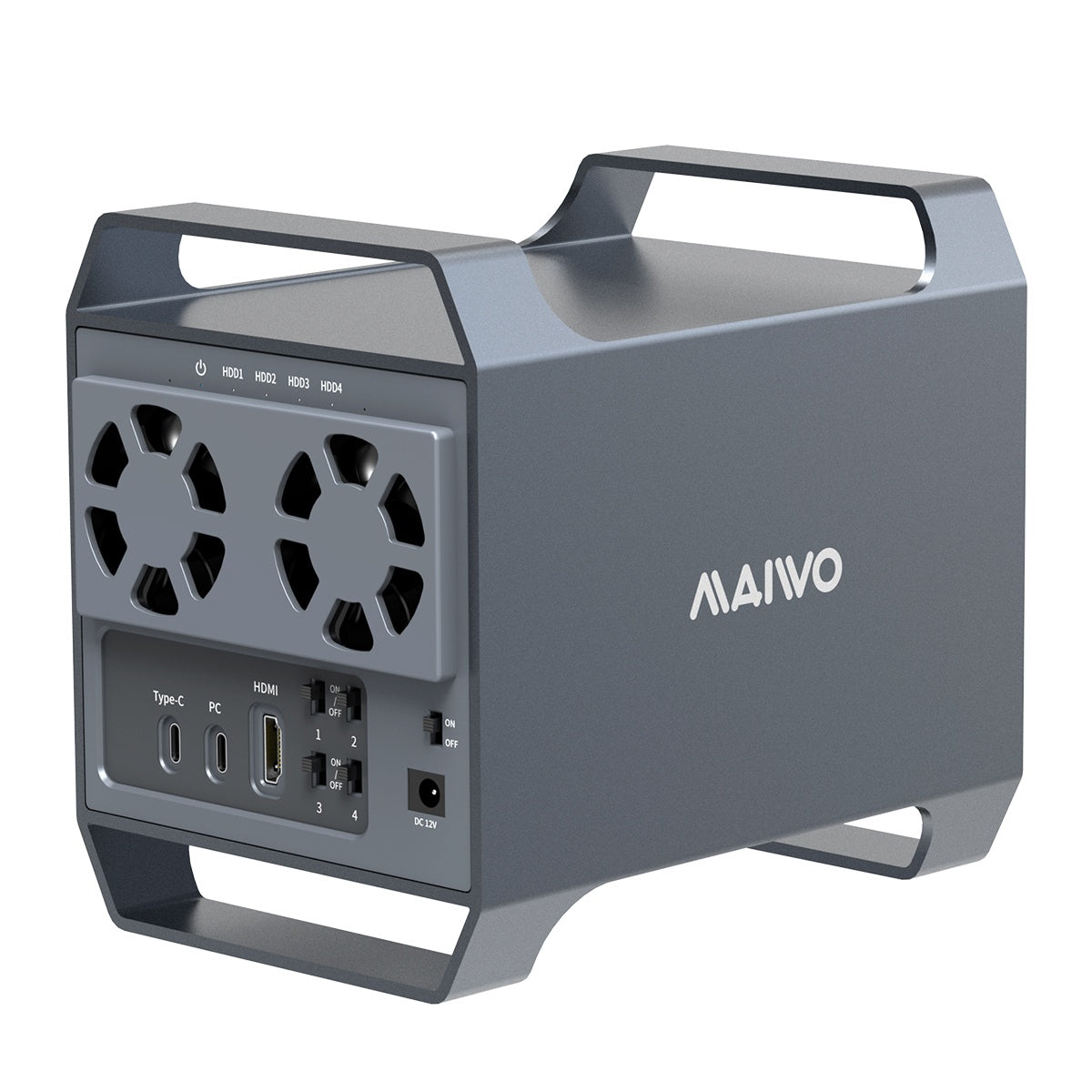 Maiwo K35284A 4-bay DAS-design til 3,5” SATA HDD med 2 køleblæsere, USB‑C & 10 Gbps hastighed, ingen RAID