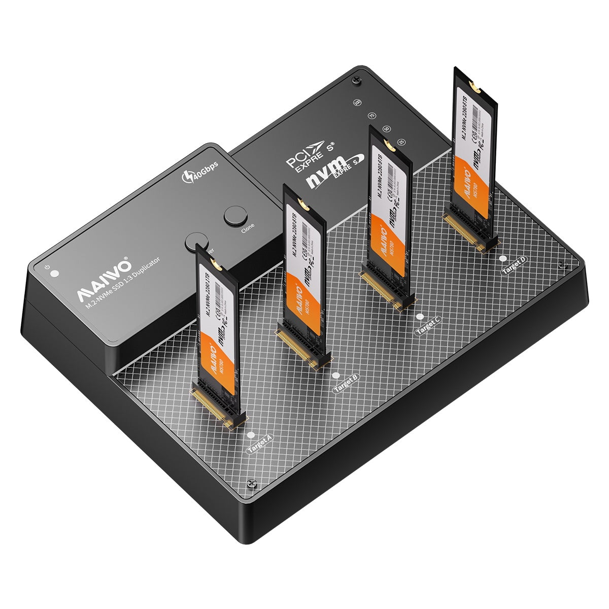 Maiwo K3015P4 4-bay M.2 NVMe SSD USB4.0 Dock, Kloner/Duplicator, Understøtter 1-til-3 Offline-kloning & Software RAID, 40Gbps kompatibel med Thunderbolt 4/3