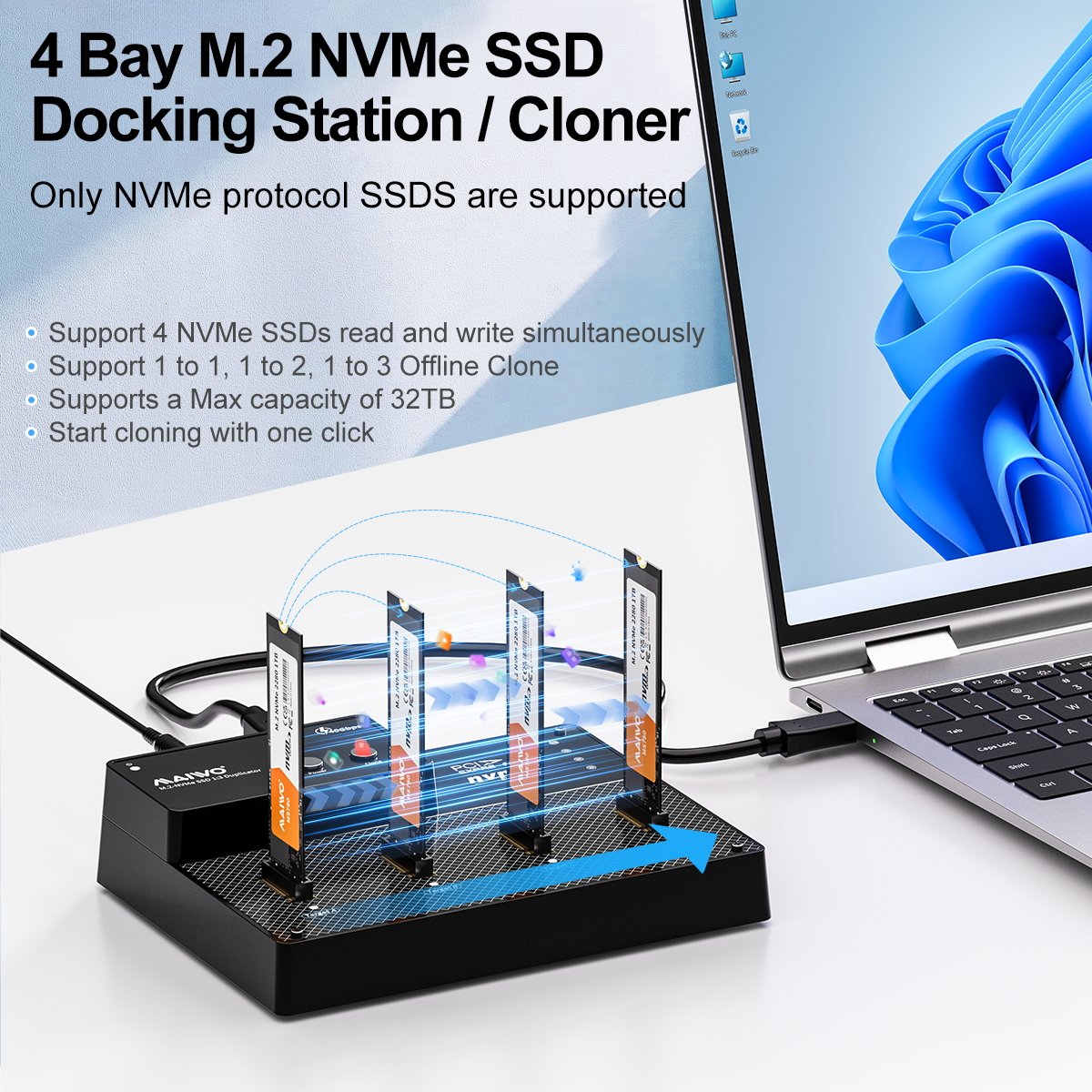 Maiwo K3015P4 4-bay M.2 NVMe SSD USB4.0 Dock, Kloner/Duplicator, Understøtter 1-til-3 Offline-kloning & Software RAID, 40Gbps kompatibel med Thunderbolt 4/3