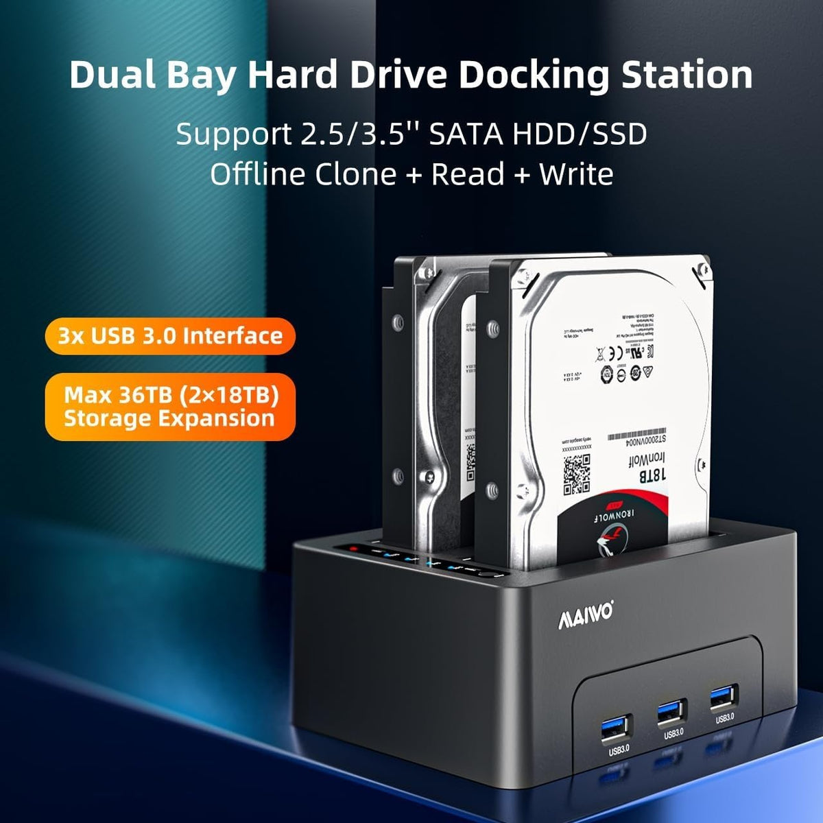 Maiwo K3082H USB 3.1 GEN1 5Gbps dockingstation 2st 2,5-3,5 SATA-harddisk SSD 2x16TB med understøttelse af UASP 3xUSB3.1 hub