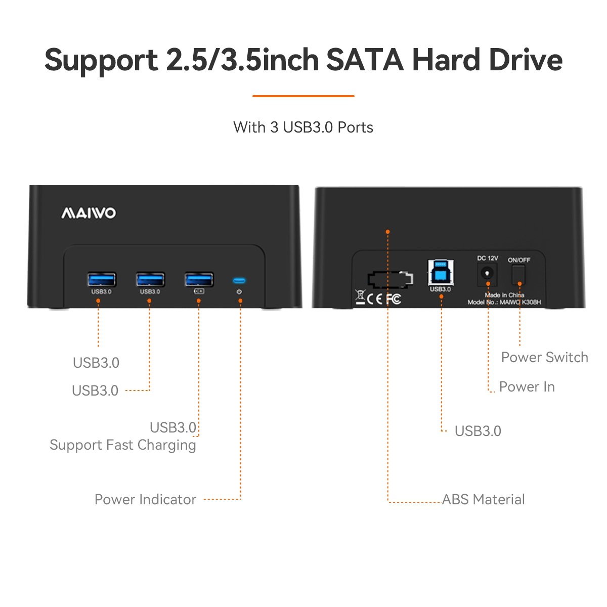 Maiwo K308H USB 3.1 GEN1 5Gbps Docking 1st 2,5-3,5 SATA-harddisk SSD op til 14TB med understøttelse af UASP 3xUSB3.1 hub