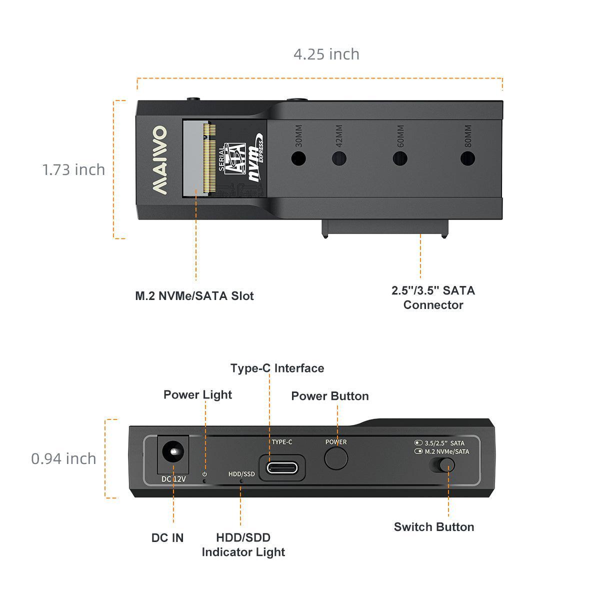 Maiwo K10635P2 USB-C adapter til NVMe/SATA M.2 SSD og 2.5"/3.5" SATA HDD USB-C 3.2 10Gbps