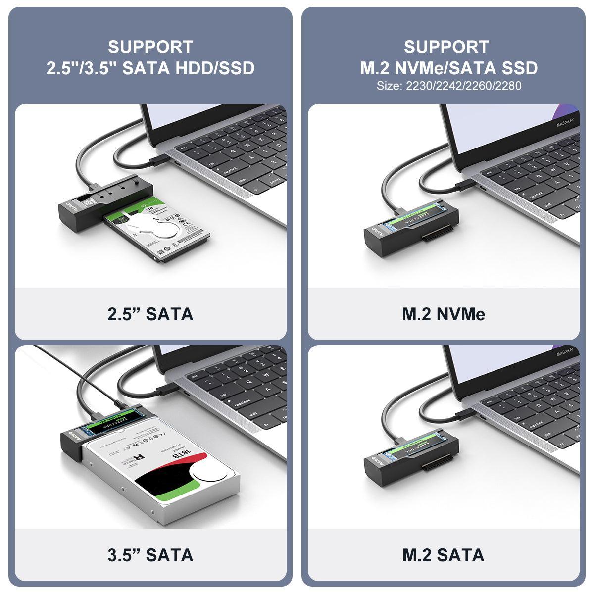 Maiwo K10635P2 USB-C adapter til NVMe/SATA M.2 SSD og 2.5"/3.5" SATA HDD USB-C 3.2 10Gbps