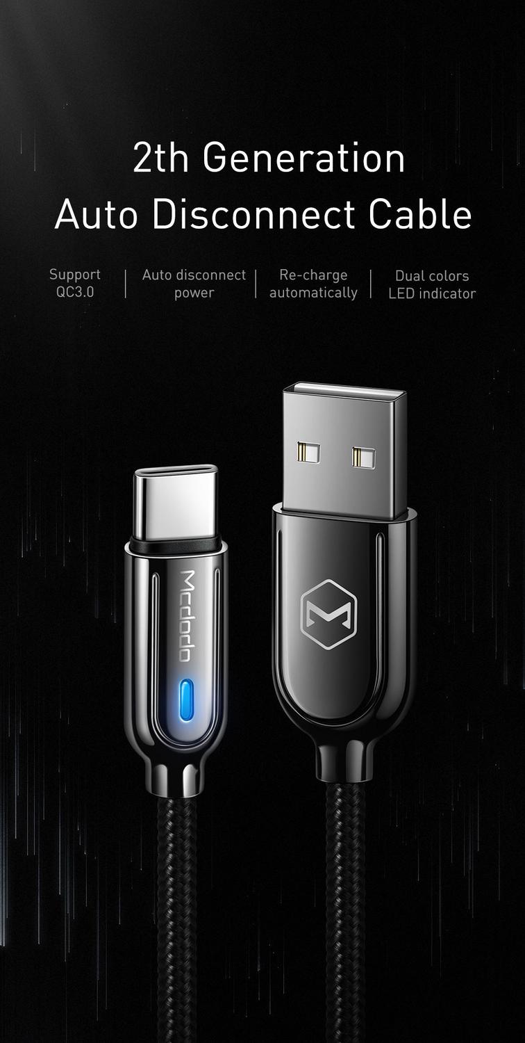 Mcdodo CA-6190 USB C til USB A-kabel til synkronisering og hurtig opladning, LED-indikator, opladningen stopper automatisk, sort, 1m