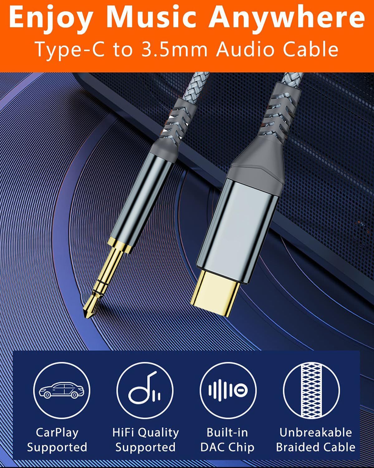 NÖRDIC 1,2 m USB-C til 3,5 mm hovedtelefon audio AUX kabel