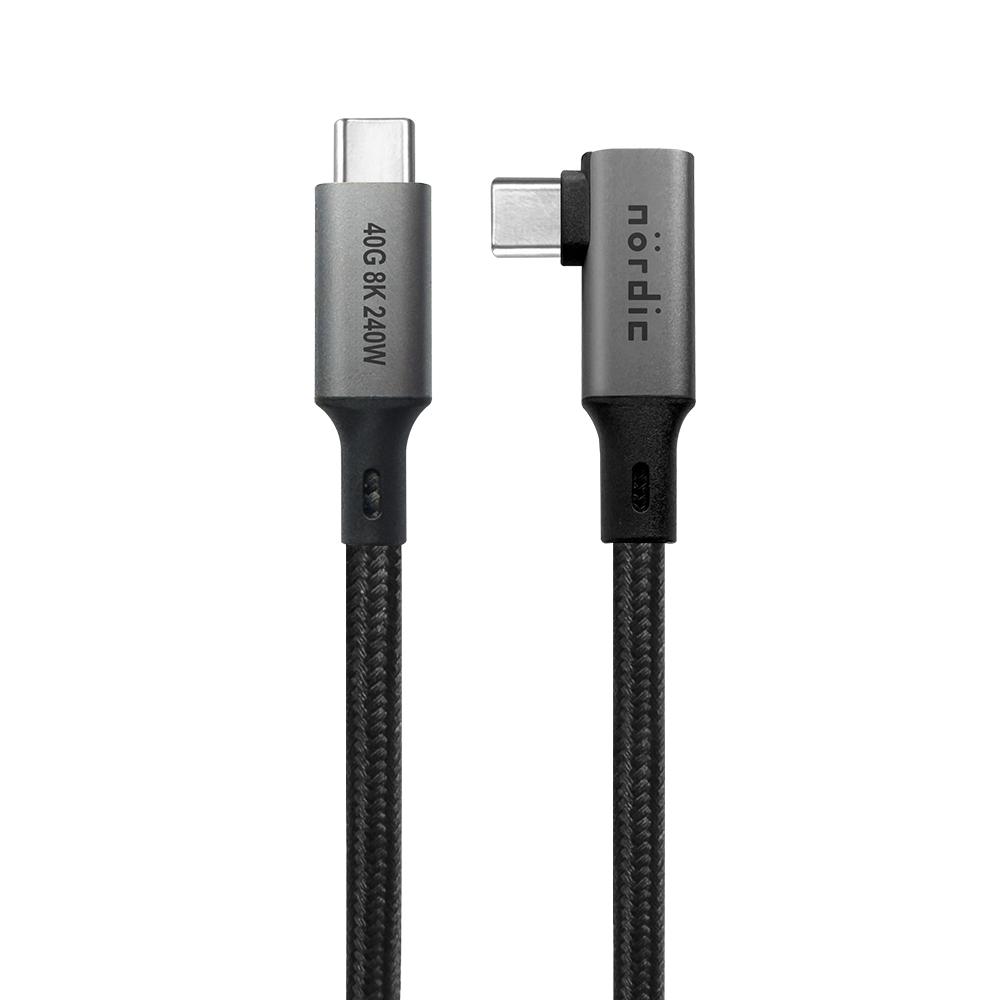 NÖRDIC Vinklet 1m USB4 USB-C til C nylonflettet kabel PD3.1 240W 40G 8K60Hz 4K144Hz grå