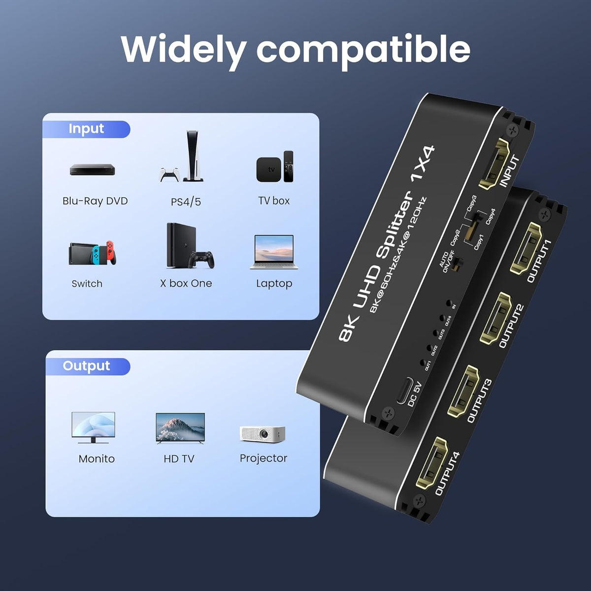 NÖRDIC 1 til 4 HDMI-splitter 2.1 8K60Hz 4K120Hz