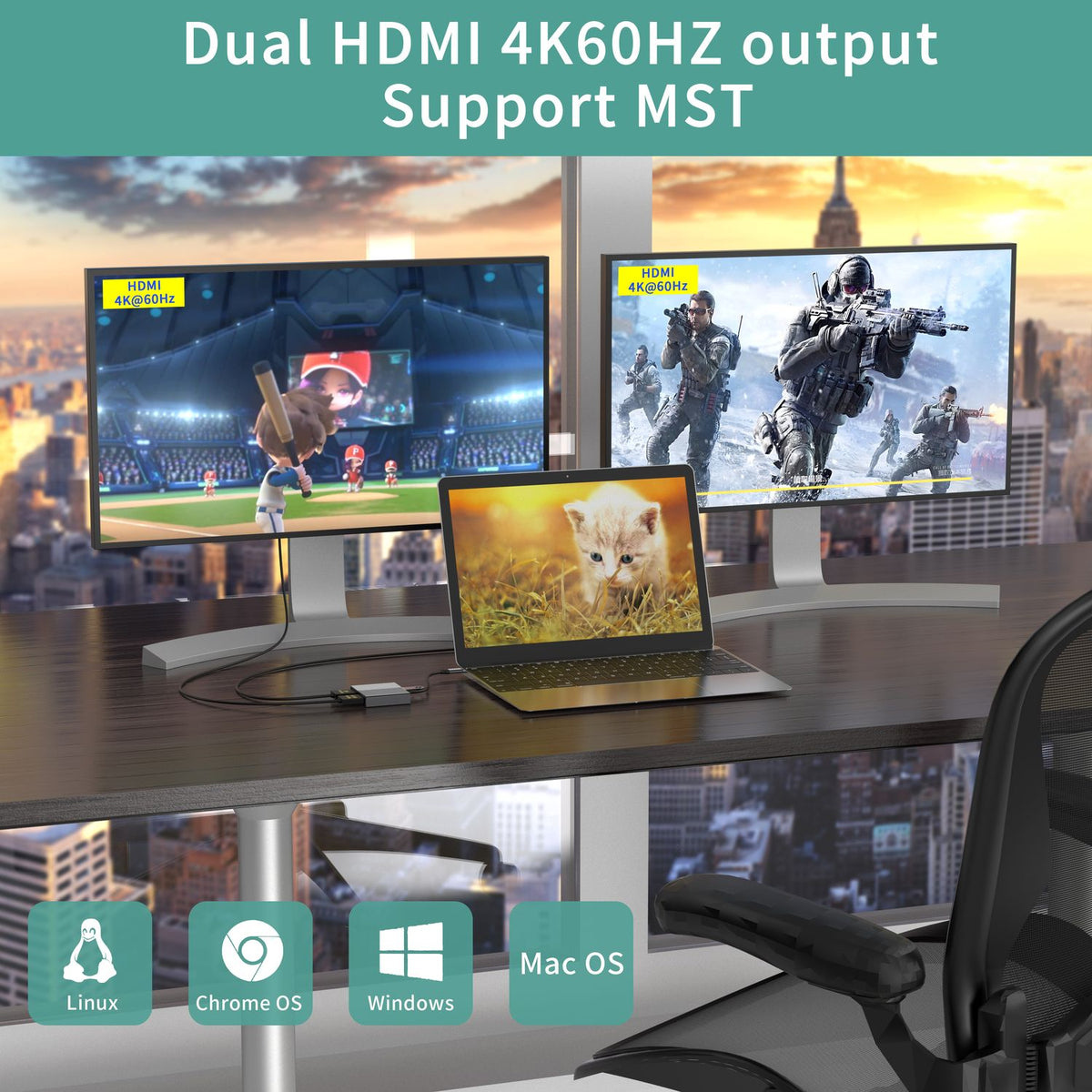NÖRDIC 1 til 4 USB-C Dockningsstation 2xHDMI Dobbelt skærme 1xUSB-C PD100W 1xUSB-A 5G