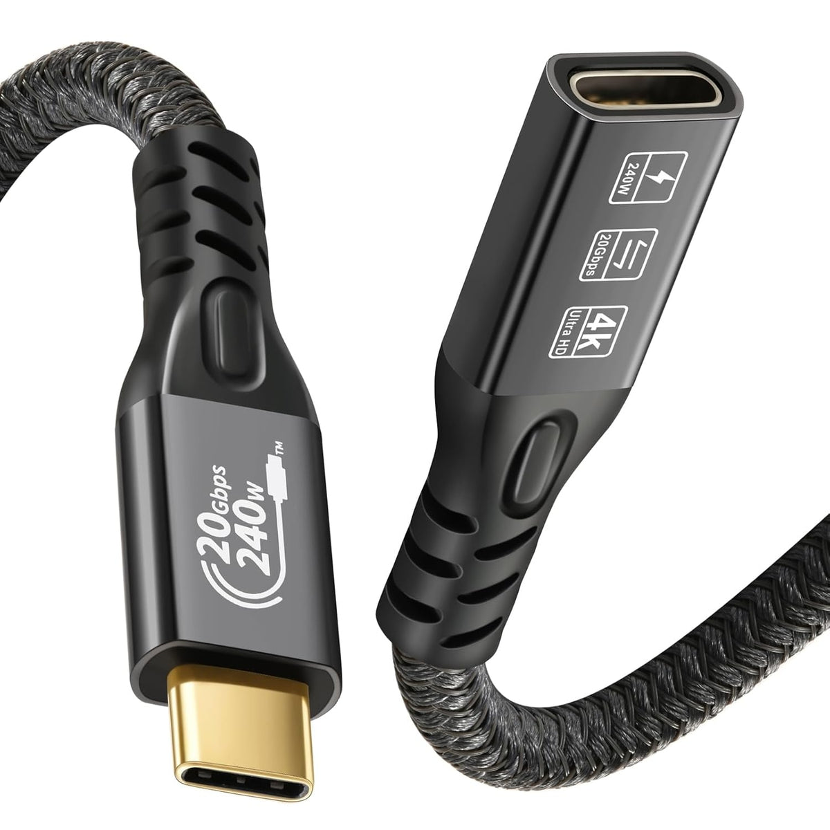 NÖRDIC 25 cm USB3.2 Gen2 20Gbps USB-C til C nylonflettet forlænger kabel med Power Delivery 240W 4K60Hz