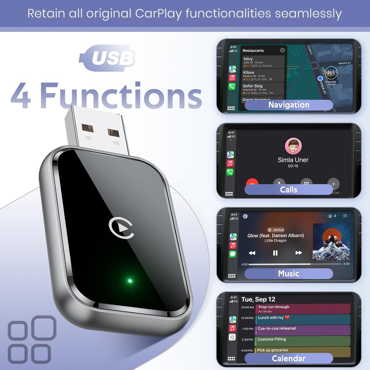 NÖRDIC 2-i-1 trådløs Android CarPlay-dongle, med USB-C-adapter, Plug & Play, WiFi 5,8 GHz, understøtter iOS 10+ og Android 11+