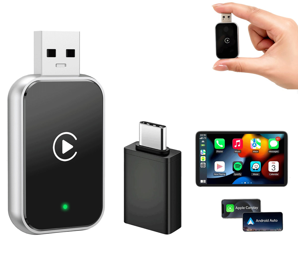 NÖRDIC 2-i-1 trådløs Android CarPlay-dongle, med USB-C-adapter, Plug & Play, WiFi 5,8 GHz, understøtter iOS 10+ og Android 11+