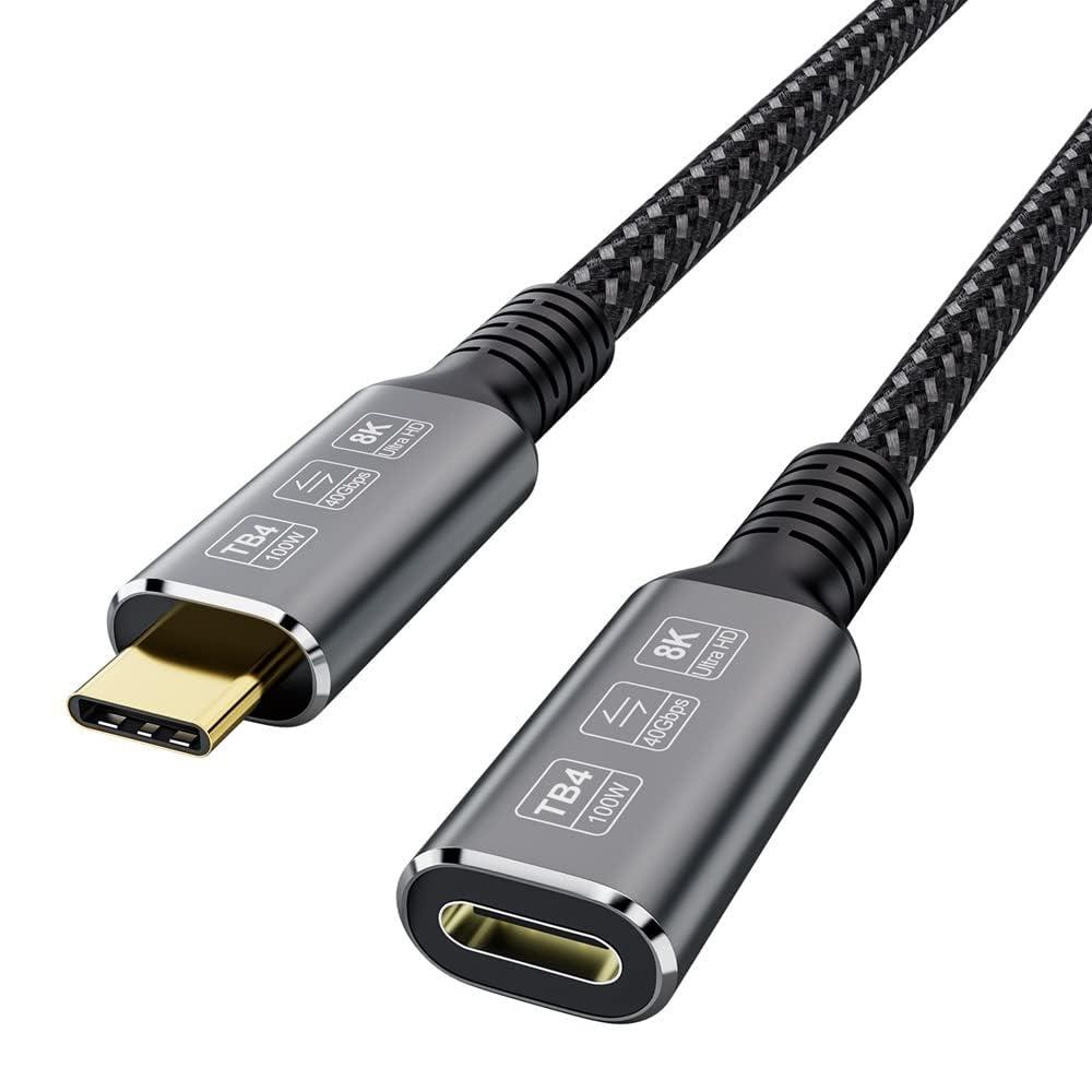 NÖRDIC 2m Thunderbolt 4 forlængerkabel, USB-C han til hun, 100W hurtigopladning, 40Gbps, 8K 60Hz