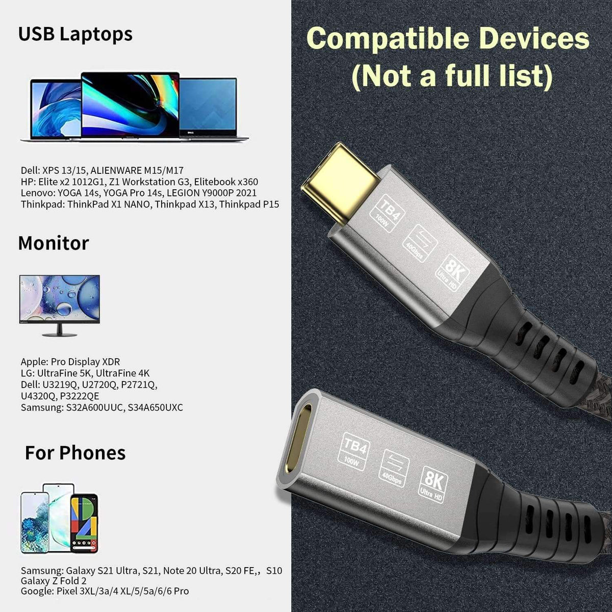 NÖRDIC 2m Thunderbolt 4 forlængerkabel, USB-C han til hun, 100W hurtigopladning, 40Gbps, 8K 60Hz