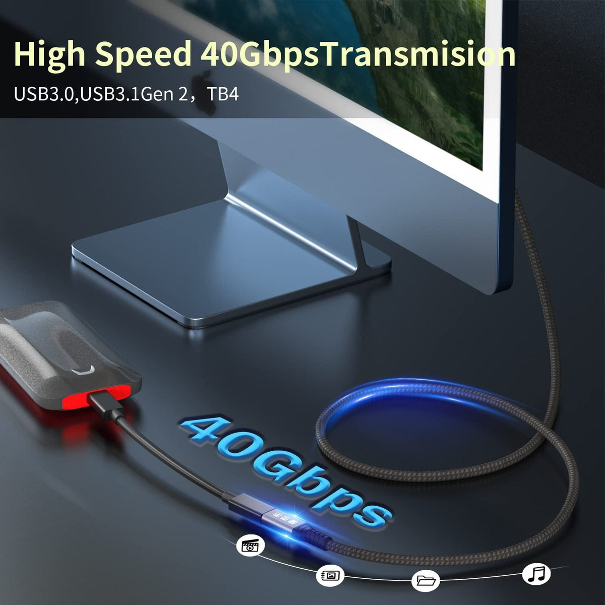 NÖRDIC 2m Thunderbolt 4 forlængerkabel, USB-C han til hun, 100W hurtigopladning, 40Gbps, 8K 60Hz