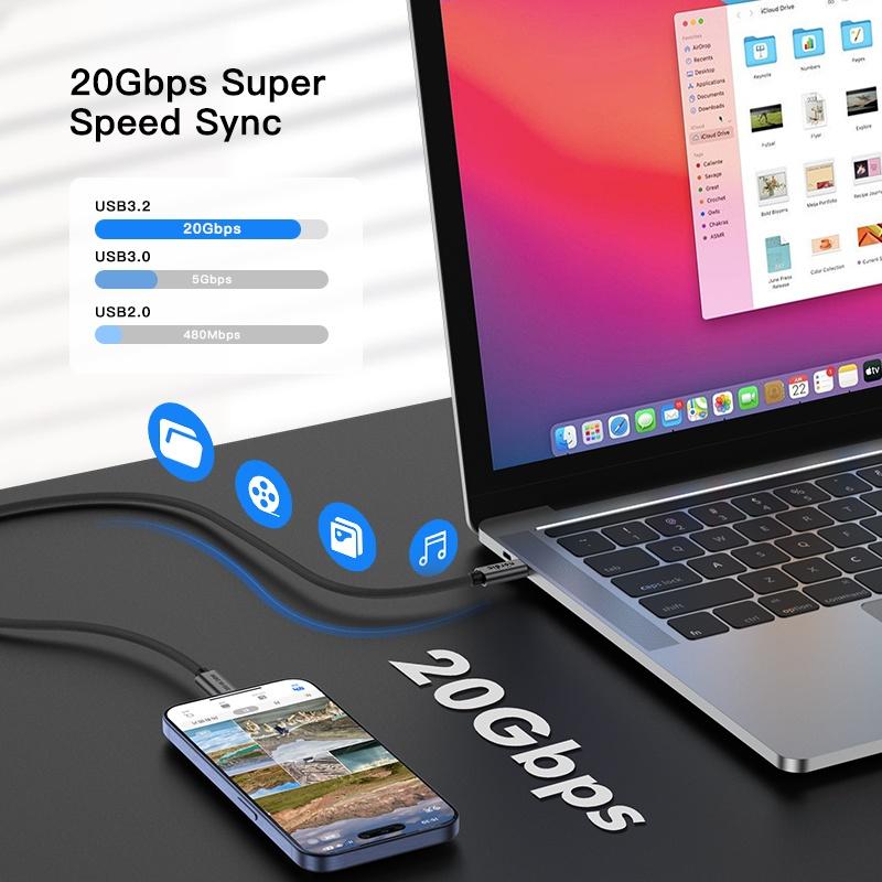 NÖRDIC 2m USB3.2 Gen2 USB-C til C Nylonflettet kabel Hurtigopladning med strømforsyning PD100W 20Gbps 5A med Emarker