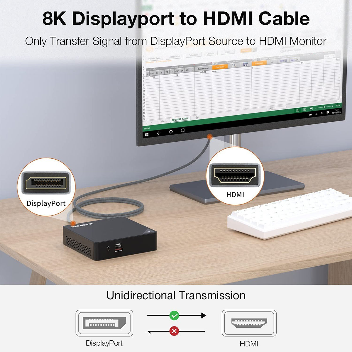 NÖRDIC 3m Displayport 1.4 til HDMI 2.1 8K60Hz 4K120/144Hz Dynamic HDR 32.4Gbps Dolby ATMOS