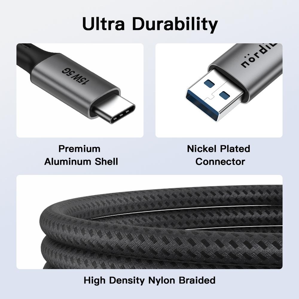 NÖRDIC 5m USB3.2 Gen1 USB-C til A nylonflettet kabel hurtig opladning 3A 5Gbps 15W grå