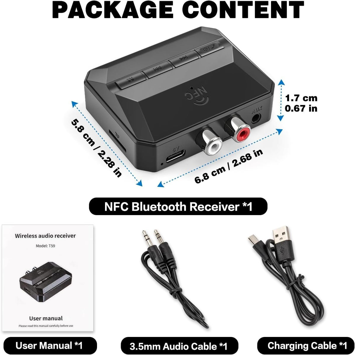 NÖRDIC Bluetooth Modtager 5.3 RCA 3.5mm AUX med NFC MicroSD Kort USB Hukommelse