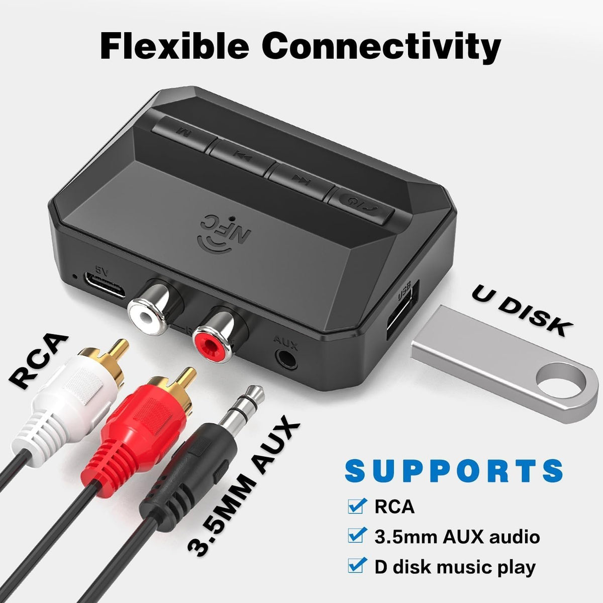 NÖRDIC Bluetooth Modtager 5.3 RCA 3.5mm AUX med NFC MicroSD Kort USB Hukommelse