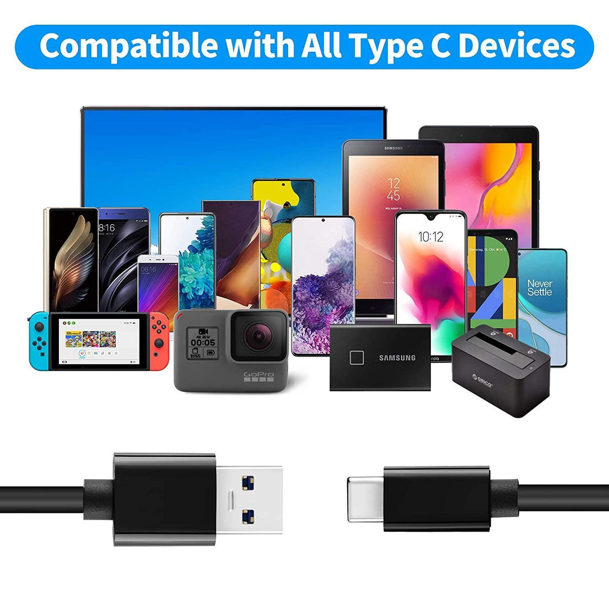 NÖRDIC C 3m USB-kabel til USB A USB3.1 Gen1 hurtig opladning 60W 5Gbps 3A, Nylon Flettet sort