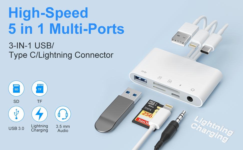 NÖRDIC USB-A, USB-C, Lightning-kortlæser 2-slot SD, MicroSD 1xUSB-A, 1xAUX, 1xLightning-opladning UHS-I