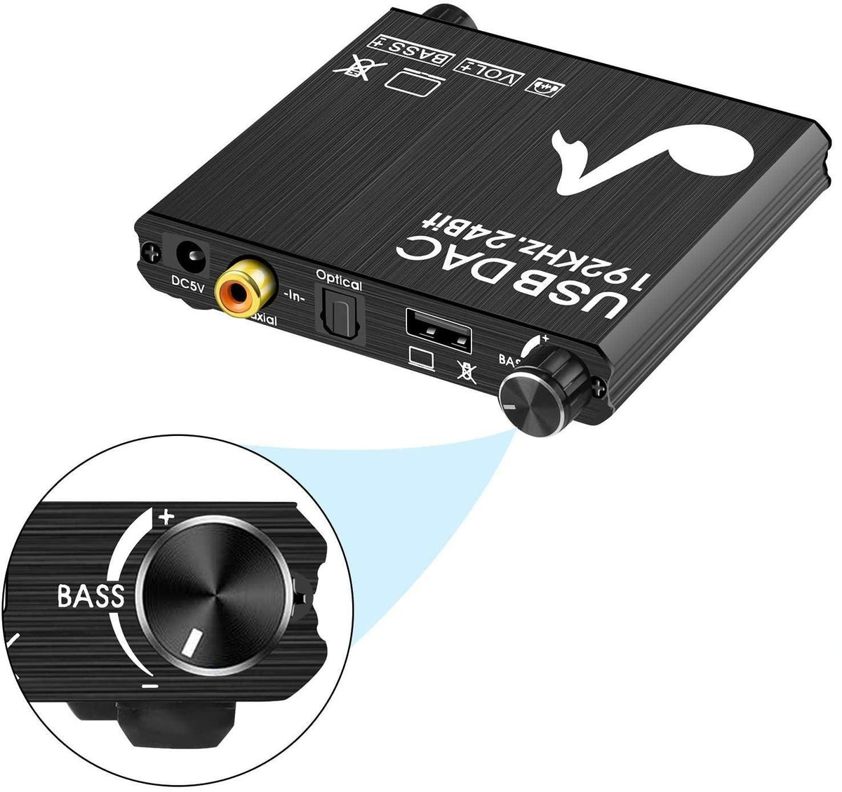 NÖRDIC DAC digital til analog konverter med USB med BASS og volumenkontrol Digital SPDIF Koaksial og USB til Analog L / R og 3,5 mm stereo
